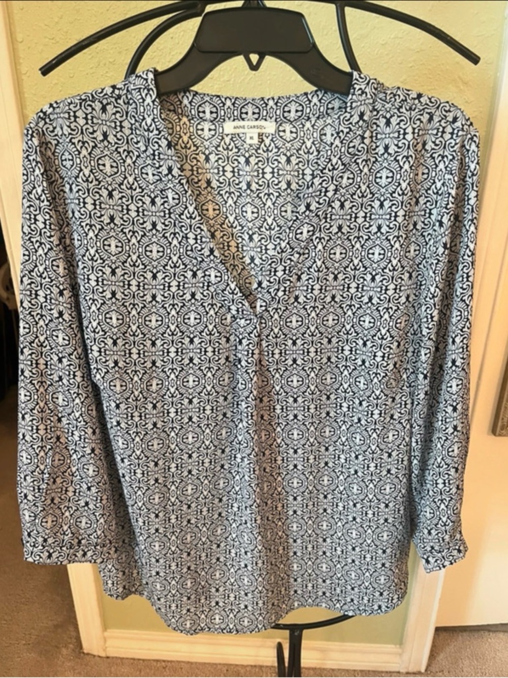 Anne Carson Blue White Print Blouse XL 3/4 Sleeve Lightweight Boho Top